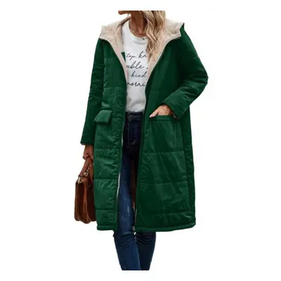 (green, 3XL) Women Winter Splicing Long Coat Hooded Long Sleeve Fleece Lining Outwear Zipper Pla