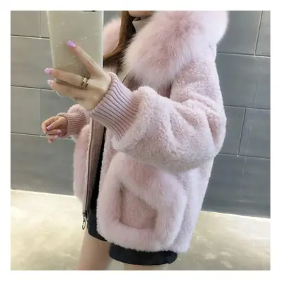 (as the picture, L) Fashionable And Warm Women&apos;s Short Hooded Lamb Korean Style Coat