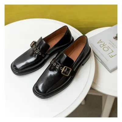 (black, 39) Women Shoes Natural Leather Pumps Square Toe Low Heels Colors Classic Belt Buckle Lo