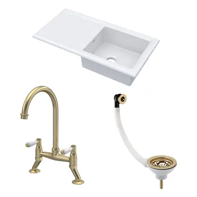 Fireclay Kitchen Bundle - Single Bowl Sink & Drainer, Waste & Bridge Lever Tap, 1010mm - Brushed