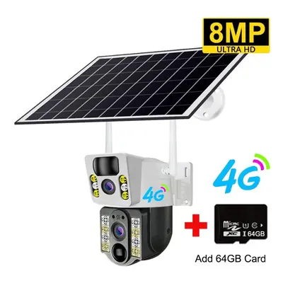 (4G Cam 64G Card) 8mp 4k Wireless Solar Camera 4g Sim Outdoor Dual Lens Wifi Ip Camera Pir Night