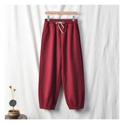 (wine red, One Size) Johnature Vintage Women Solid Color Trouser Thick Fleece Winter Casual Warm