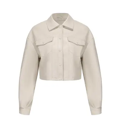 (off white, L) Women's Jackets Faux Leather Long Sleeves Single Breasted Crop Top Punk Jacket Sh