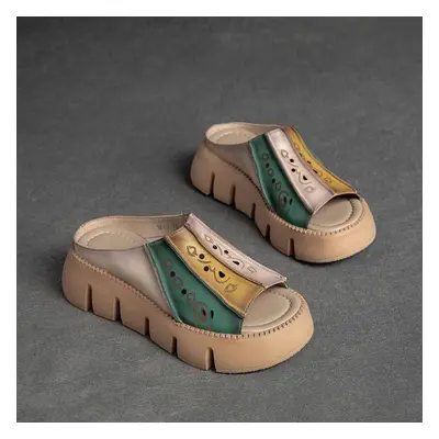 (green, 35) Johnature Genuine Leather Thick Soles Sandals Women Retro Wedges Slides Comfortable 