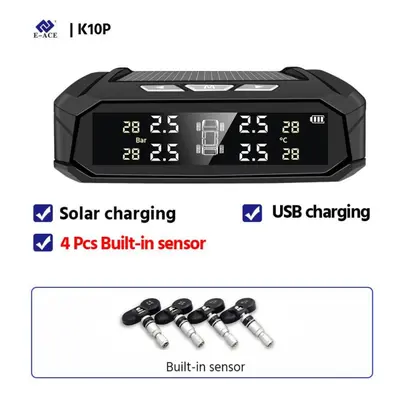 (K10P-built-in Sensor) E-ace K10 Solar Tpms Car Tire Pressure Alarm Monitor System Tyre Temp Dig