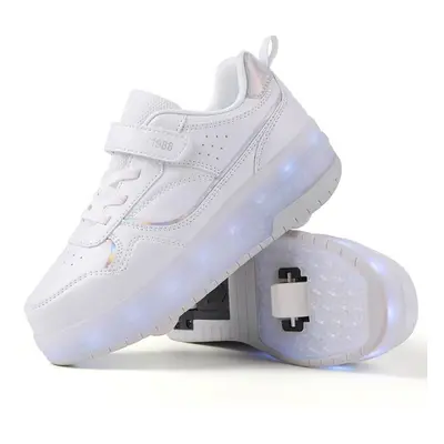 (white, 36) Children&apos;s Double-wheel Disassembly Into Flat Sports Shoes Led Bling Bling Kids