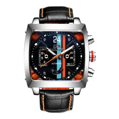 (silver) Paulareis Automatic Self Wind Mechanical Genuine Leather Stainless Steel Black Orange B