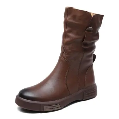 (brown, 39) Johnature Mid-calf Boots Genuine Leather Versatile Retro Round Toe Women&apos;s Boot