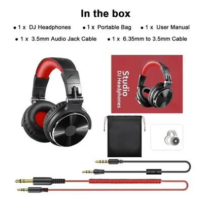 (red) Wired Studio Headphones Stereo Professional Dj Headphone With Microphone Over Ear Monitor 