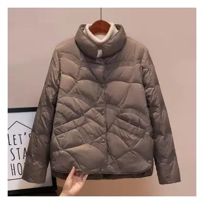 (tan, M) Winter Down Jacket Women Stand Collar Fashionable White Duck Down Coat