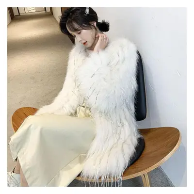 (white, S) Tassel Raccoon Fur Woven Rhinestone Faux Fur Coat Women&apos;s Mid-length Autumn Wint