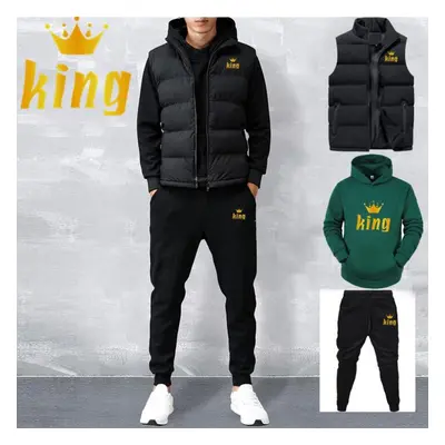 (green, S) Men Casual Sets Vest + Hoodies + Pants Piece Tracksuit Male Sportswear Set