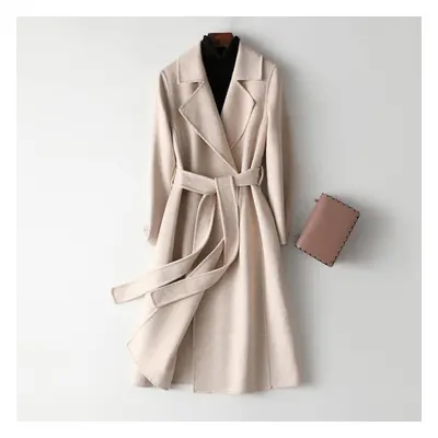 (beige, S) Handcrafted Long Woolen Coat For Women - Elegant Pure Color Overcoat