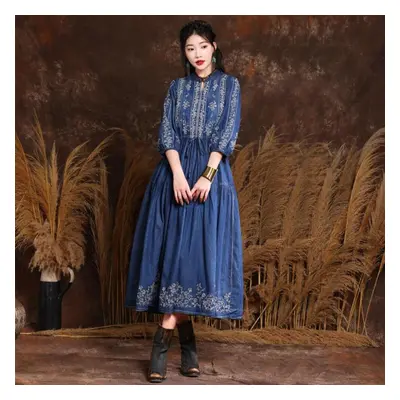 (blue, M) Johnature Niche Cotton Embroidery Frenulum Solid Color A-line Dress Woman Spring Half 