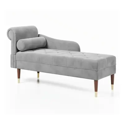 (Grey) Velvet Chaise Longue with Armrest & Lumbar Pillow