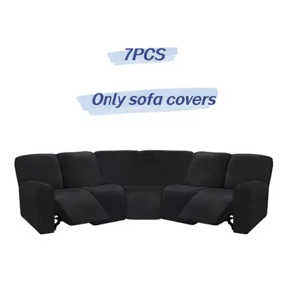 (Black 7PCS) Full Cover Elastic Sofa Slipcover Seater Corner Recliner Sectional Couchcover