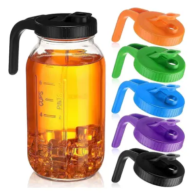 (Colorful) 5pcs Wide Mouth Mason Jar Pour Spout Lids with Handle Reusable Plastic Flip Cap Lid, 