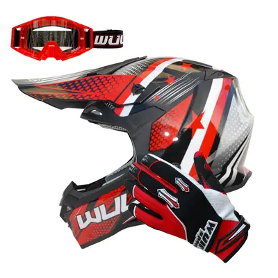 (Red, S) Wulfsport Iconic Adult Helmet + Stratos Gloves + Goggles Off Road Helmet Motocross ATV 