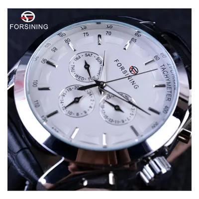 (white,silver) Forsining Retro Fashion Designer Three Dial Decoration Genuine Leather Golden Men