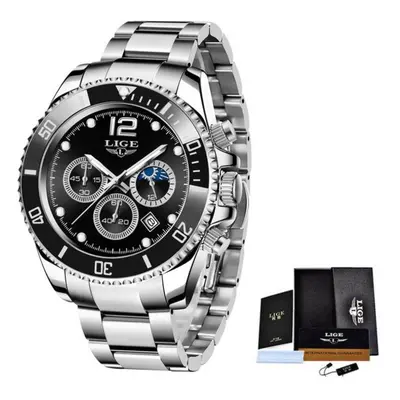 (Silver Black) LIGE Mens Watches Top Brand Luxury Clock Casual Stainless Steel Hour Moon Phase M