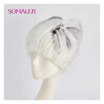 (white,grey) Somaler Winter Real Mink Fur Hats For Women Knitted Warm Wool Hats Girls Skull Bean