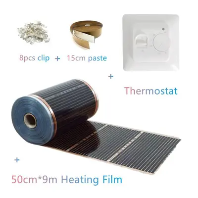 (50cm*9m film+thermostat) Warm Floor Mat Kits With Thermostat Clips Insulation Pastes Save Energ