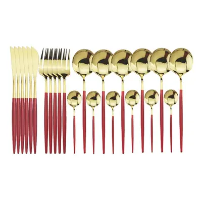 (red,gold) 24pcs Black Gold Dinnerware Set Stainless Steel Cutlery Set Kitchen Fork Knife Spoon 