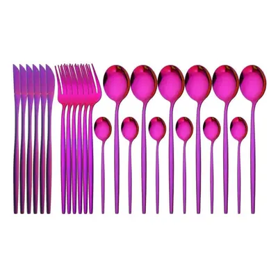 (purple) 24pcs Mint Gold Dinnerware Set Knife Fork Coffee Spoon Cutlery Western Stainless Steel 