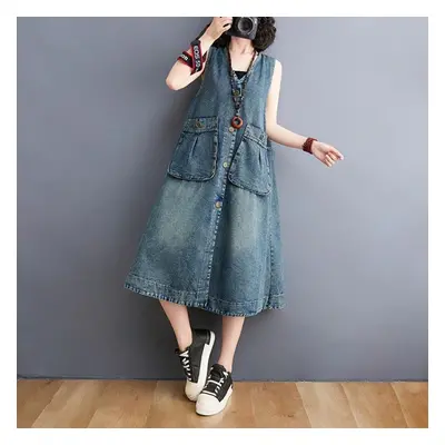 (blue, 2XL) Dimanaf Women New Summer Dress Denim Sleeveless Dress Elegant Long Dress Loose Blue 