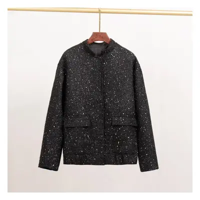 (black, M) Women&apos;s Gold Sequin Casual Stand-up Collar Loose Jacket