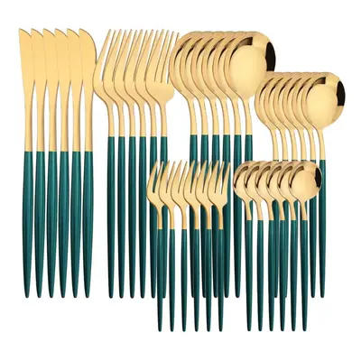 (green,gold) 6people Gold Dinnerware Set High Quality Stainless Steel Cutlery Flatware Set Knife