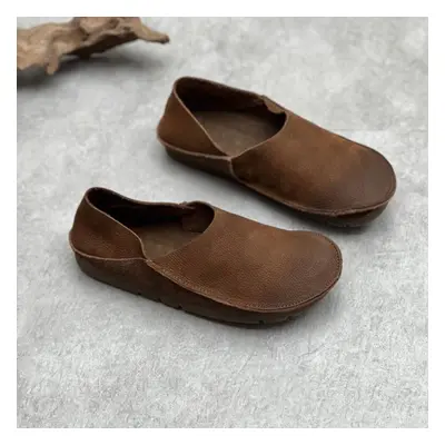 (coffee, 37) Johnature Retro Women Genuine Leather Shallow Flats Shoes Handmade Soft Sole Casual