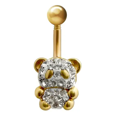 Jewelco London Ladies 9ct Yellow Gold White Round Crystal Teddy Bear Banana Belly Bar, 10mm - JB