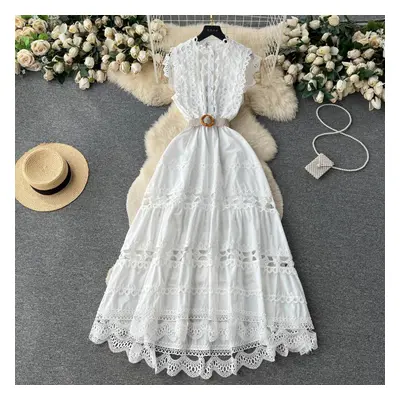 (white, M) Summer French Vintage Long Maxi Holiday Dress Hollow Out Embroidery Lace High Quality