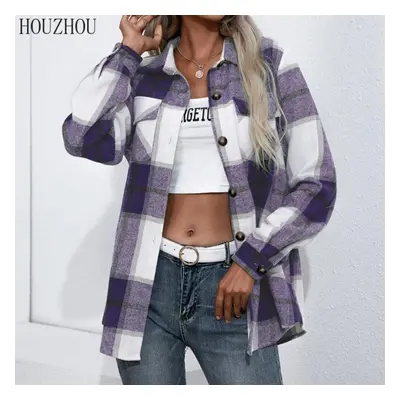 (purple, L) Houzhou Thick Plaid Shirt Women Autumn And Winter Long Sleeved Korean Chic Office La