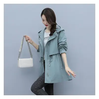 (blue, XXL) Spring And Autumn Women&apos;s Mid-length Trench Coat Hooded Zipper Tie-in Jackets B