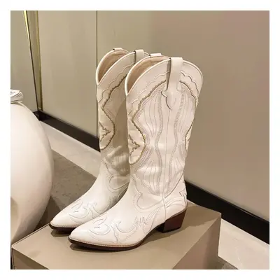 (beige, 38) Women&apos;s Embroidered Western Mid Calf Boots Cowboy Square Heels Boots Pointed To