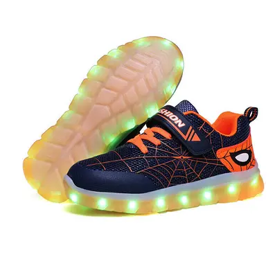 (DarkBlue and Orange, Kids) Boys Girls Led Light Up Sneaker For Kids Spiderman Trainers Xmas Gif