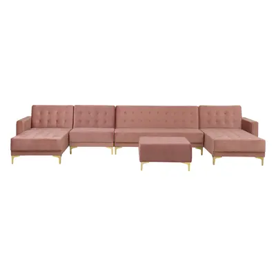 6 Seater U-Shaped Modular Velvet Sofa with Ottoman Pink ABERDEEN