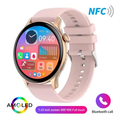 (gold, Silicone band) New Women 466*466 Amoled 1.43" Screen Nfc Heart Rate Blood Oxygen Bluetoot