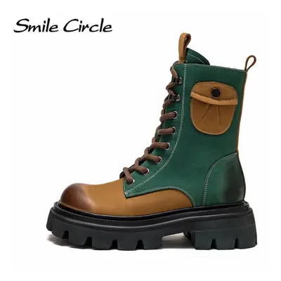 (green, 39) Natural Leather Chunky Women&apos;s Boots Color Blocking High Top Thick Bottom Boots