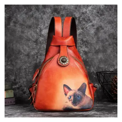 (red) Johnature Animal Prints Vintage Genuine Leather Backpack Leisure Women Shoulder Bag Natura