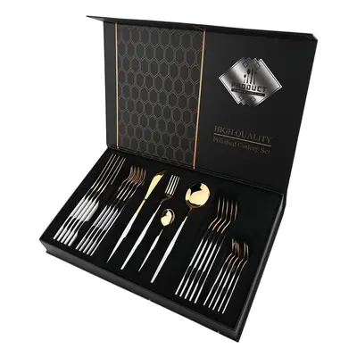 (white,gold, 24pcs with box) Luxury 24pcs Rose Gold Dinnerware Set Knife Fork Spoon Cutlery Set 