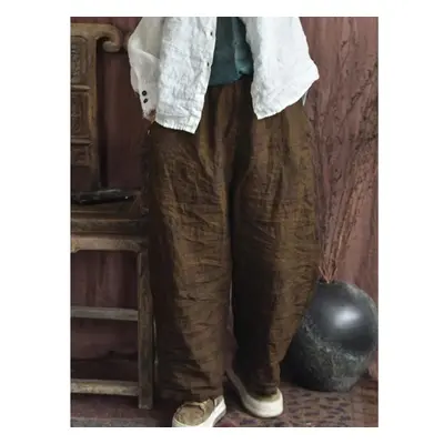 (army green, One Size) Johnature Women Vintage Linen Wide Leg Pants Elastic Waist Print Floral S