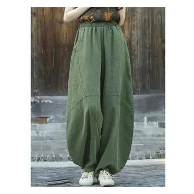 (dark green, S) Johnature Women Vintage Bloomers Pants Solid Color Patchwork Elastic Waist Sprin