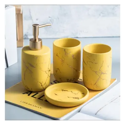 (yellow, 4pcs) Scandinavian Bathroom Accessories Set Marble Toothbrush Cup With Two Rinse Cups S