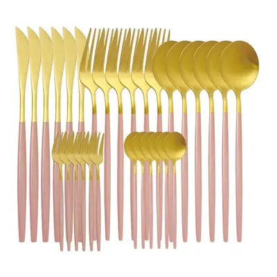 (pink,gold) 30pcs Matte Green Gold Cutlery Set Flatware Stainless Steel Dinnerware Kitchen Silve