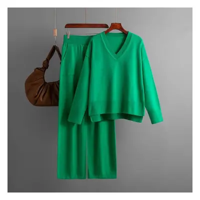 (green, OneSize) Autumn Winter Knitted Sweater Suit Female Loose V Neck Jumper Pant Two Piece Se