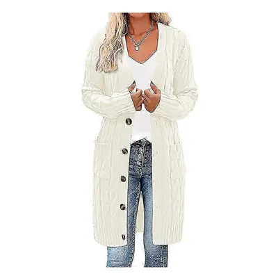 (l, beige) Women's Fashion Long Sleeve Loose Long Ladies Thick Knit Cardigan