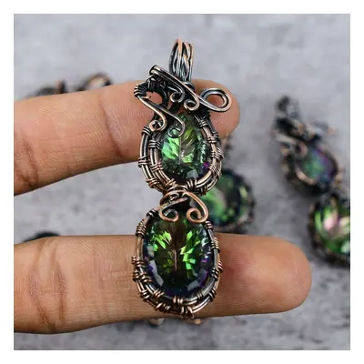 (green, 2.56 inches) Mystic Topaz Gemstone Pure Copper Wire Wrap Handmade Jewelry Pendant